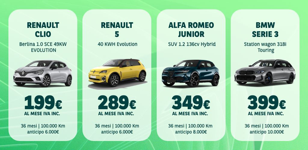 Renault clio 199€ al mese, renalult 5 269 euro al mese, alfa romeo junior 349€ al mese, bmw serie 3 399 euro al mese