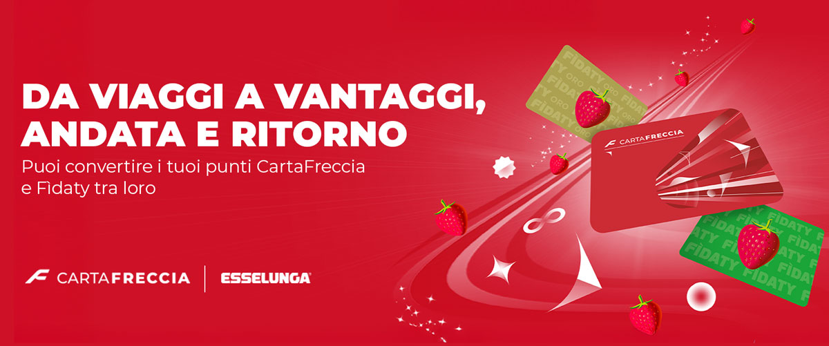 Promo CartaFreccia ed Esselunga: puoi convertire i punti tra CartaFreccia e Fidaty. Grafica rossa con carte e fragole che rappresentano lo scambio punti.