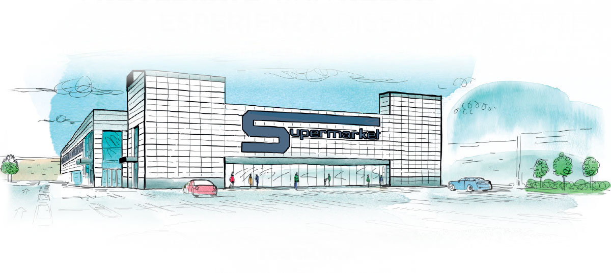 Schizzo a matita del supermarket di Novedrate